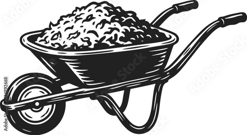 Wheelbarrow full of mulch, garden supplies illustration