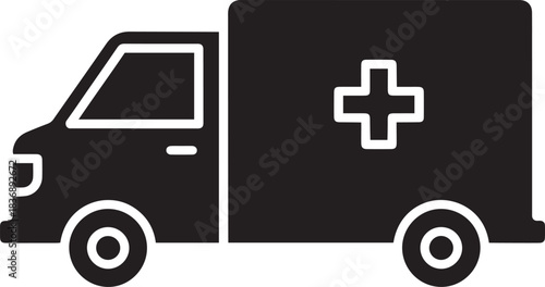 Ambulance Emergency Vehicle Icon with Cross Symbol. Black Silhouette of Medical Transport and First Aid. Emergency Medical Services Ambulance Van. Rescue Services and Urgent Care.