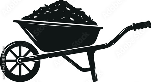 Wheelbarrow full of mulch, garden supplies illustration