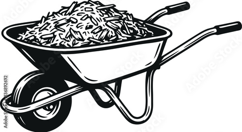 Wheelbarrow full of mulch, garden supplies illustration