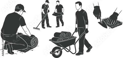Men Installing Natural Grass Vector Illustration