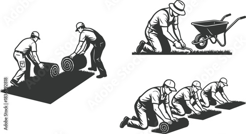 Men Installing Natural Grass Vector Illustration