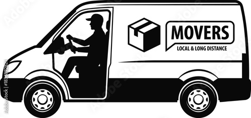 Moving Van Driven by Man, Black Vector