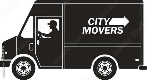 Moving Van Driven by Man, Black Vector