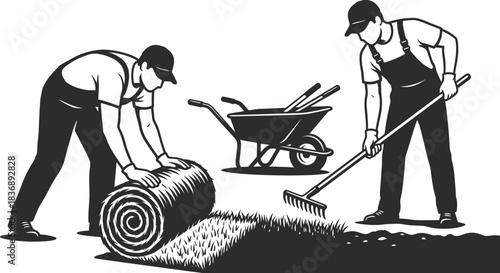 Men Installing Natural Grass Vector Illustration