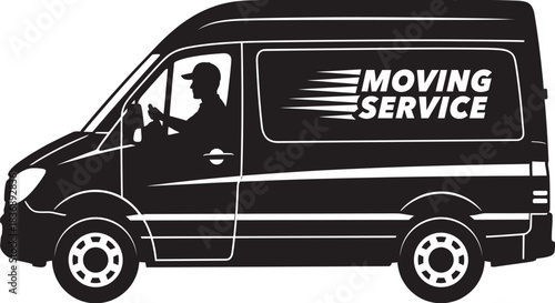 Moving Van Driven by Man, Black Vector