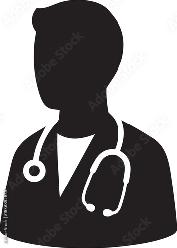 Doctor Silhouette with Stethoscope icon. Healthcare, Medical Staff, and Physician Icon. Doctor Logo Symbol. physician, surgeon, general practitioner, medical consultations, telemedicine.
