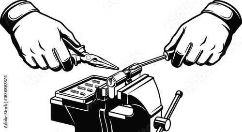 Locksmith Repairing Door Cylinder Vector Illustration