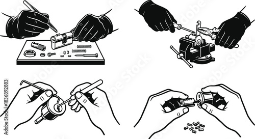 Locksmith Repairing Door Cylinder Vector Illustration
