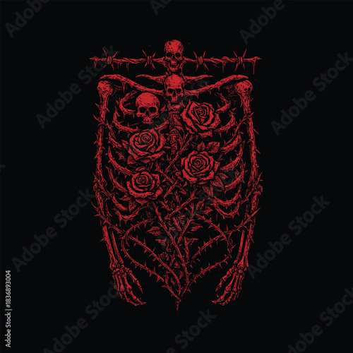 Hand Drawn Dark Gothic Skeleton With Roses And Thorn Vines
