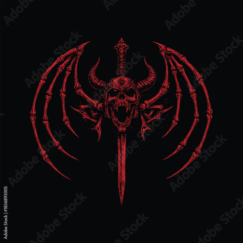 Red Gothic Demon Skull With Sword and Bone Wings Illustration