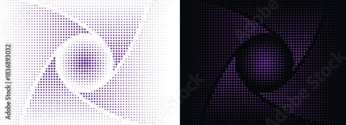 Duotone wave halftone pattern. Purple dots on white and black backgrounds. Dot texture for density, evoking a retro electronic or pop art aesthetic.