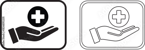 Healthcare support glyph round rectangle icon with hands holding a heart and medical cross symbol. Healthcare, first aid, and medicine icon.