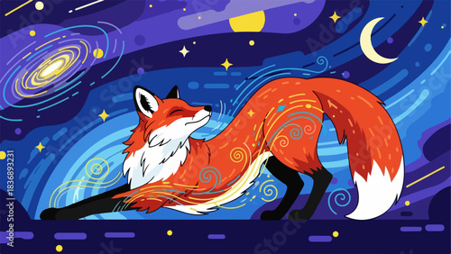 Vibrant illustrated red fox stretching gracefully with intricate patterns.