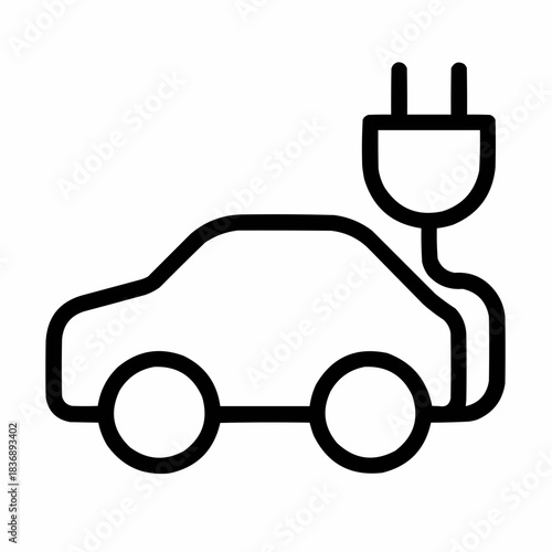 Line icon of a plug entering a car silhouette, black on white, square minimalist style