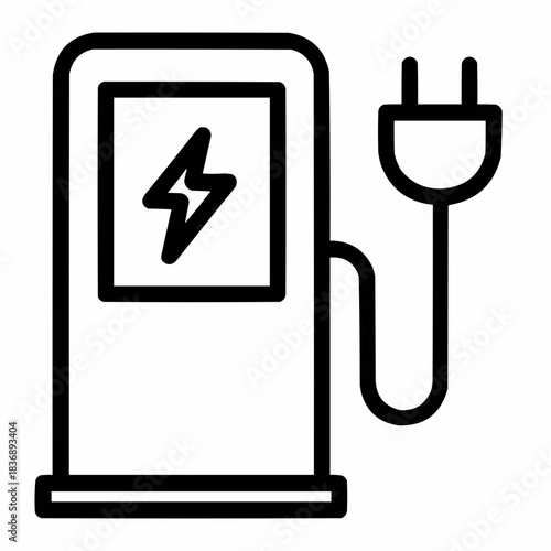 Line icon of a charging station with cable and lightning bolt, black on white, square minimalist style