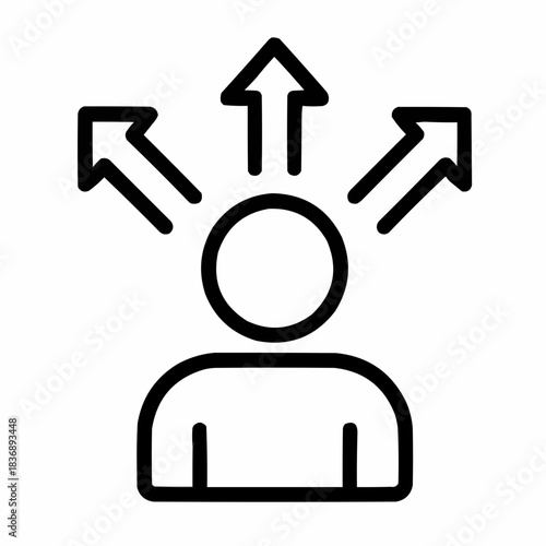 Line icon of a person with multiple arrows — multichannel strategy, black on white, square minimalist style