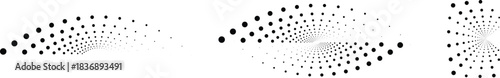 Set of three abstract wave halftone radial dot elements and swirl designs. Dot texture halftone for evoking or pop art aesthetic. Vortex or starburst design. Dynamic, or technological
