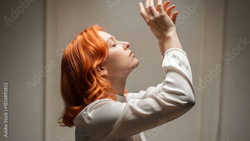 Red-haired woman in profile looking up with hands raised in spiritual contemplation.