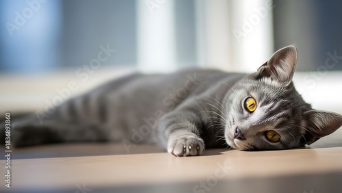 Relaxed grey cat with striking yellow eyes resting peacefully indoors.