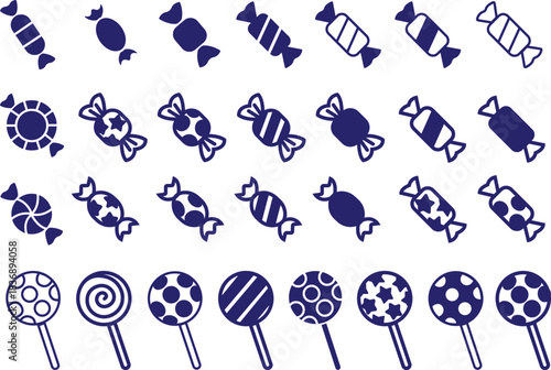 Candy sweets icon set collection group in colorful flat line style featuring confection, dessert, treat, bonbon, sugar, snack and related synonym elements for holiday graphics, packaging, party design