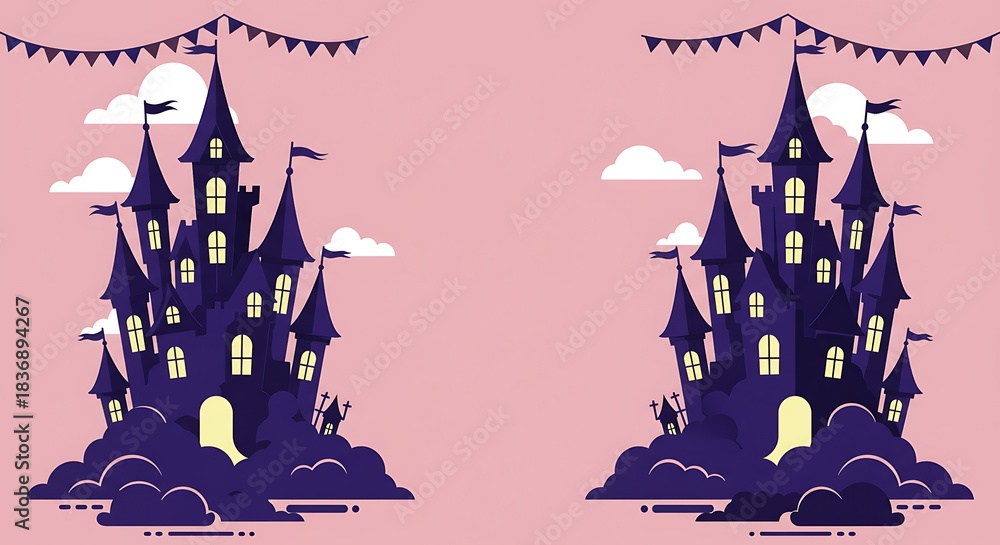 Fototapeta premium Enchanting Fantasy Castles Adorned with Festive Bunting, Set Against a Dreamy Pink Sky, Perfect for Whimsical Celebrations and Magical Storytelling Vector Art