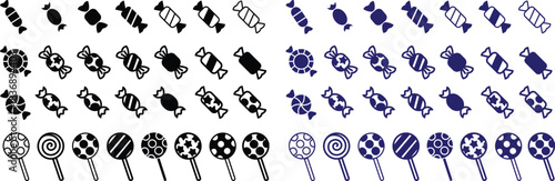 Candy sweets icon set collection group in colorful flat line style featuring confection, dessert, treat, bonbon, sugar, snack and related synonym elements for holiday graphics, packaging, party design