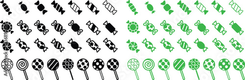 Candy sweets icon set collection group in colorful flat line style featuring confection, dessert, treat, bonbon, sugar, snack and related synonym elements for holiday graphics, packaging, party design