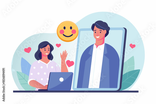 Virtual date woman on laptop video calling man on tablet