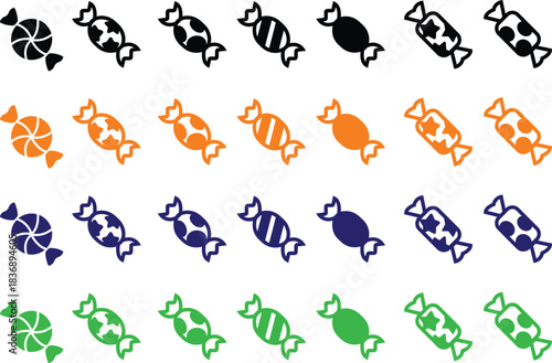 Candy sweets icon set collection group in colorful flat line style featuring confection, dessert, treat, bonbon, sugar, snack and related synonym elements for holiday graphics, packaging, party design