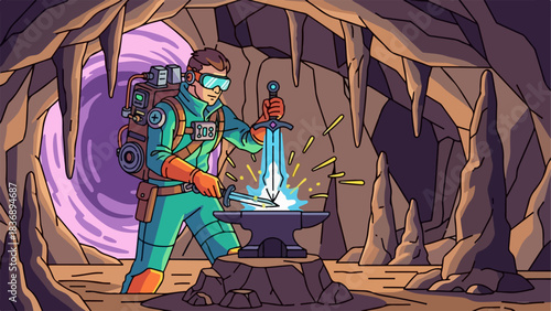 Adventurer forging a glowing sword on an anvil in a cave.