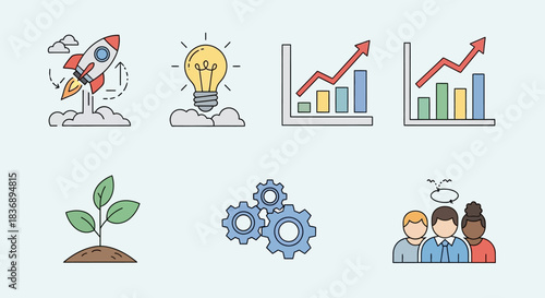 Stunning collection of startup icons illustrating launch growth idea teamwork and business progress beautifully
