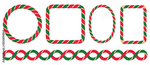 candy cane border set with square, circle, and oval  frames, red and white striped lollipop pattern brush style, ideal for festive holiday cards, invitations, banners, and vector design 