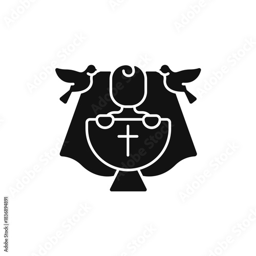 A simple black-and-white Christian baptism symbol featuring a baby over a chalice marked with a cross, accompanied by two doves.