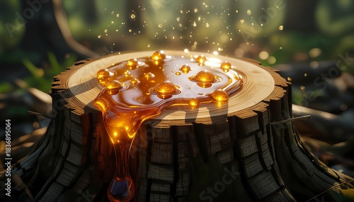 A glowing, amber-colored liquid drips from the top of a cut tree stump in a forest setting.