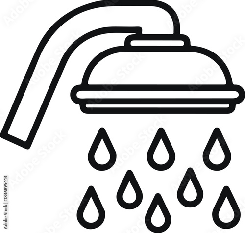 Modern shower head with flowing water droplets vector outline icon design
