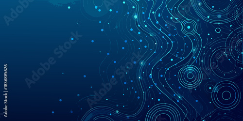 Abstract dark blue background with lines circles and dots