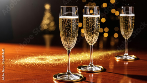 Champagne Cheers with Two Crystal Glasses.Romantic Toast with Two Champagne Glasses.