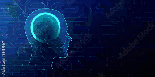 Digital human head with circuit board background for artificial intelligence