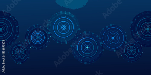 Abstract dark blue concentric circles with connected nodes background illustration