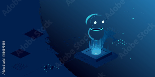 Futuristic robot hologram projection in dark blue cyberpunk environment