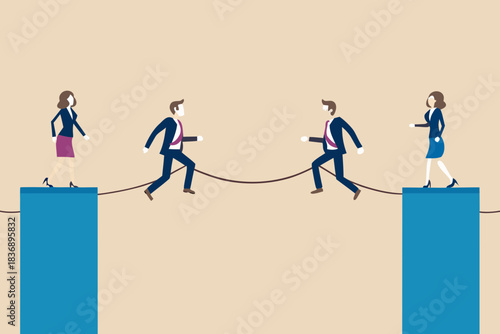 Business people crossing a gap on a tightrope risk and opportunity
