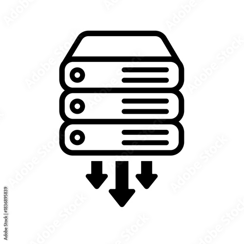 Photos A thin-styled server stack with three downward arrows symbolizing structured multi-source downloading, organized retrieval flow, and coordinated extraction across data systems