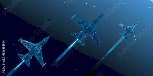 Three fighter jets flying in formation through a starry night sky