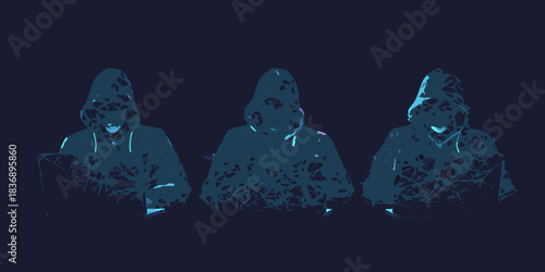 Abstract illustration of three hooded figures in dark blue tones