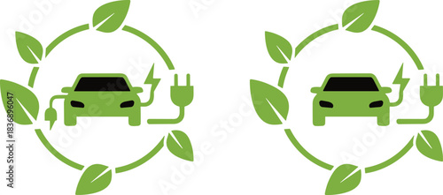 Electric Car Charging Station Icon Vector Set, Eco-Friendly Vehicle Surrounded by Green Leaves in a Circle, Illustrating Sustainable Transportation and Renewable Energy Technology