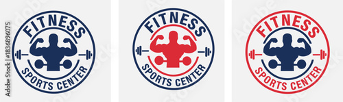 Fitness Sports Center Badge Logo Design Vector Template, Featuring a Muscular Man Silhouette with Barbell and Dumbbells, Ideal for Gym and Training Branding, Modern Retro Style