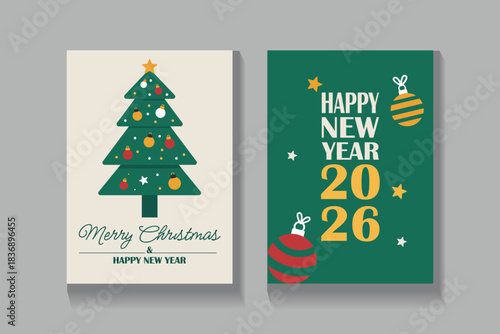 Merry Christmas and Happy New Year 2026 greeting card set