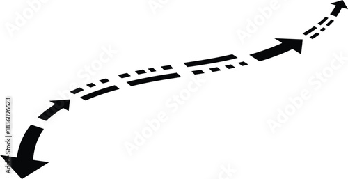 Black arrow path with dashed lines silhouette isolated on transparent background