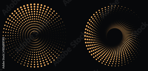 Concentric circles and radial dot halftone patterns set. Abstract swirl halftone background design. Motion, depth, and optical illusion. modern branding, posters, techno music and design assets.